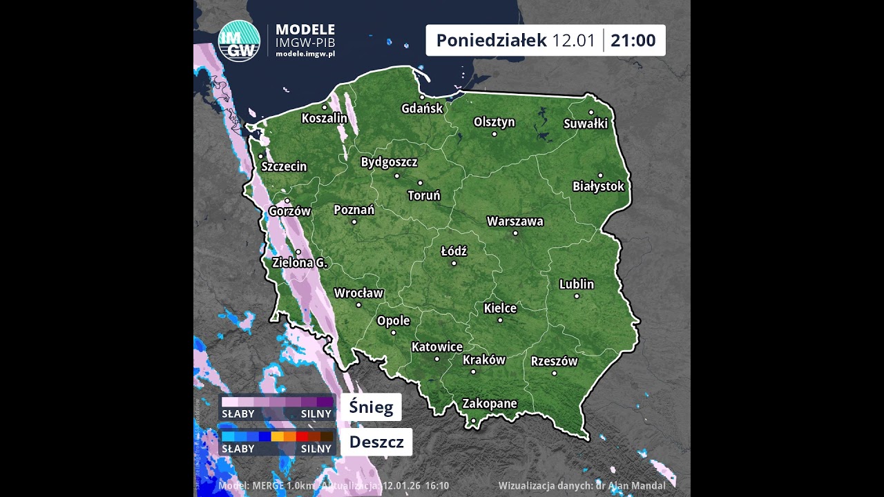 Prognoza opadu na 8 godzin (Model MERGE) 12.01.2026 