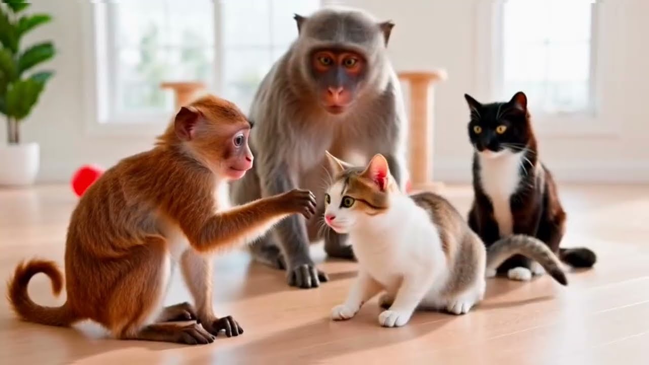 Cat Monkey and Tiger taking care of them 