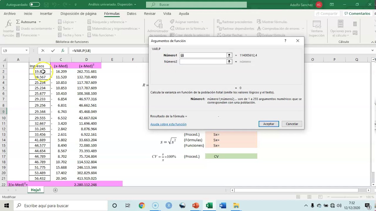 Medidas de dispersión con Excel (rango, varianza, desviación típica, coeficiente de variación)