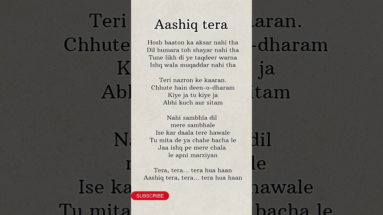 Aashiq tera song lyrics||Sohail Sen & Altamash Faridi||