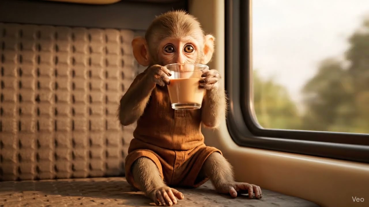 Cute monkey get a train ride having cup of tea 