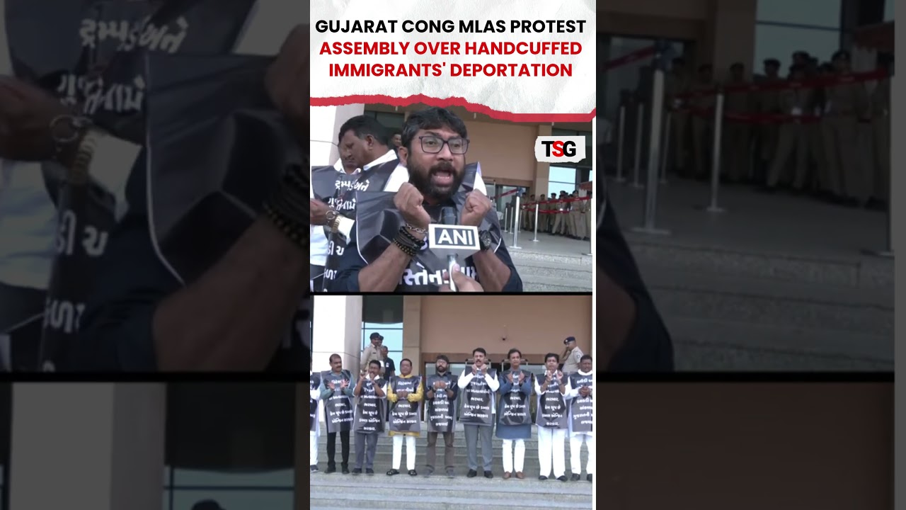 #watch | Gujarat Cong MLAs protest Assembly over handcuffed immigrants' deportation