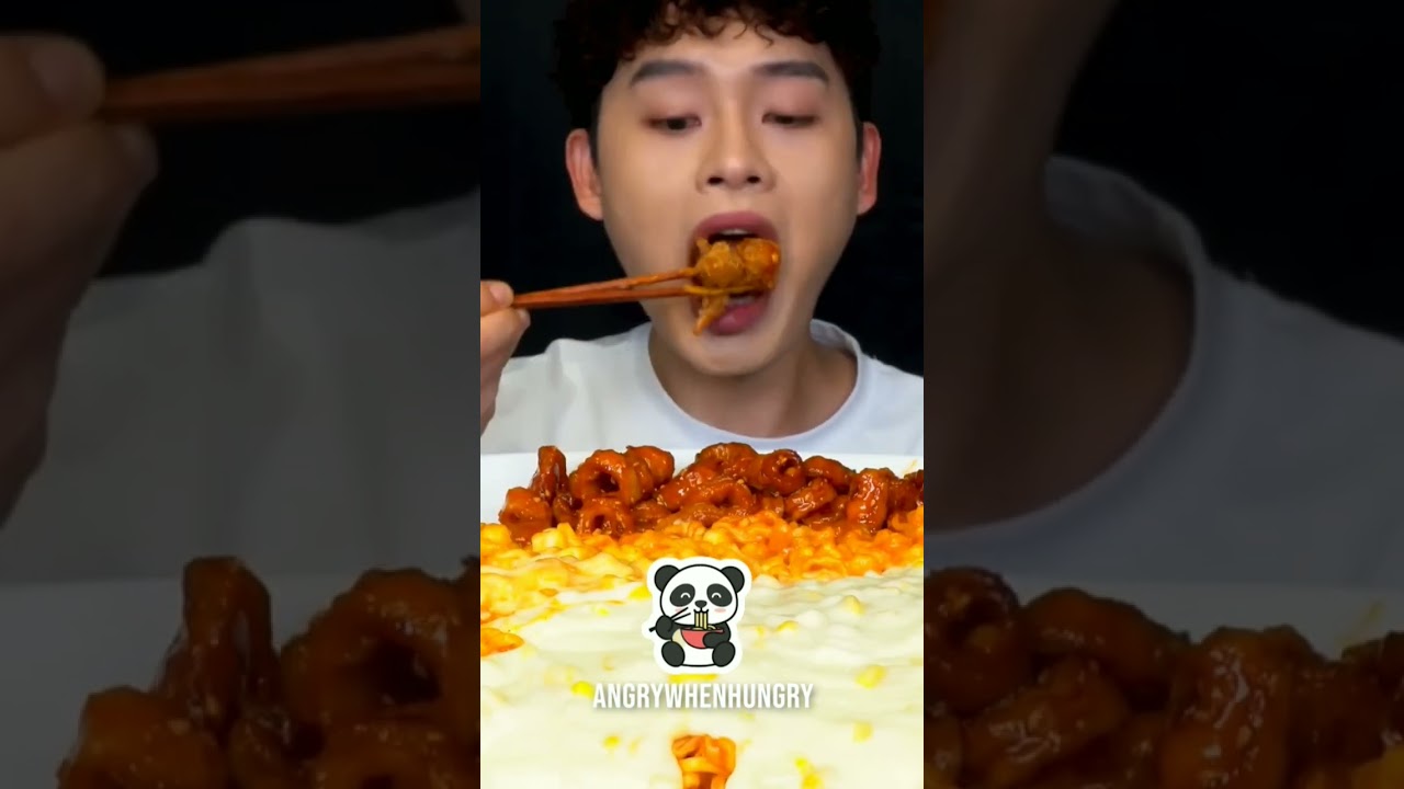 eating mix of korean food #mukbang #corndog #creamypasta #noodles #asmr #cheese