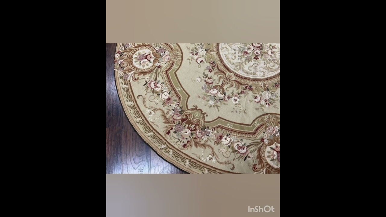 Round Needlepoint Rug 7x7 ft, Aubusson Savonnerie Elegant, Beige and Cream, Floral,Wool Handmade Rug