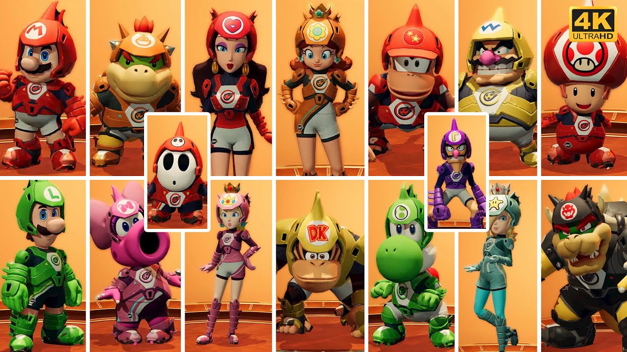 Mario Strikers: Battle League - SHELLFISH Gear set Showcase All 16 characters Bowser Jr Birdo | 4K