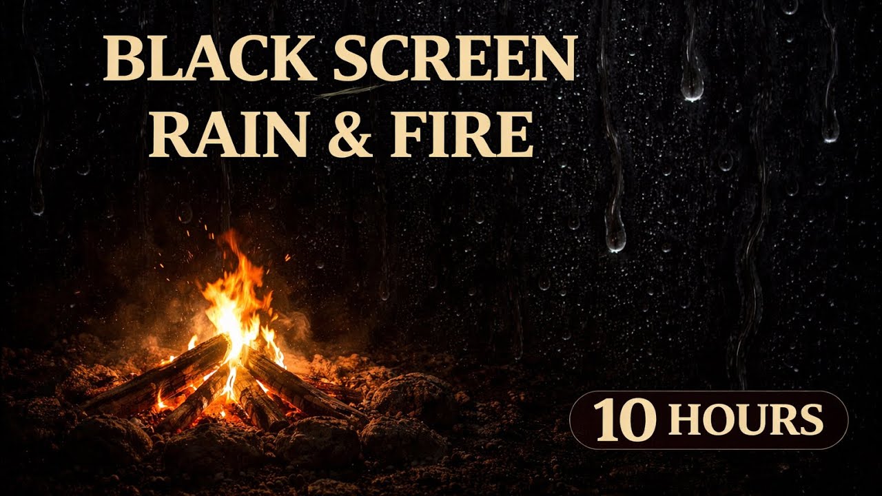 Black Screen Rain & Fire Sounds (10 Hours) 🔥🌧 Cozy Fire for Deep Sleep