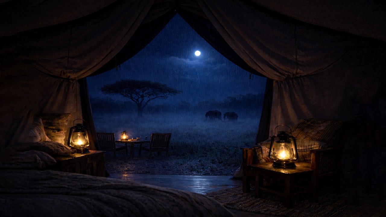 Relaxing African Rain on Safari Tent at Night Ambience | Black screen after 10 minutes
