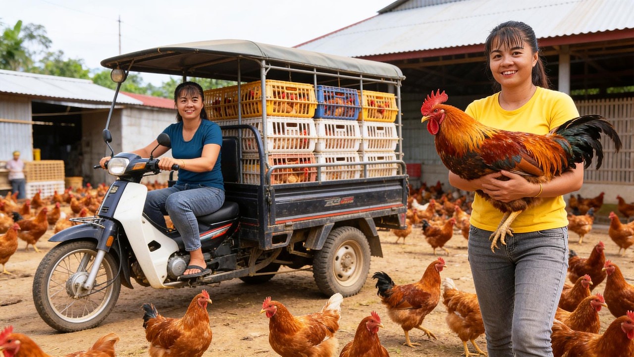 Using a 3-Wheeled Vehicle to Harvest 1000 Chickens | Transporting to Market for Sale