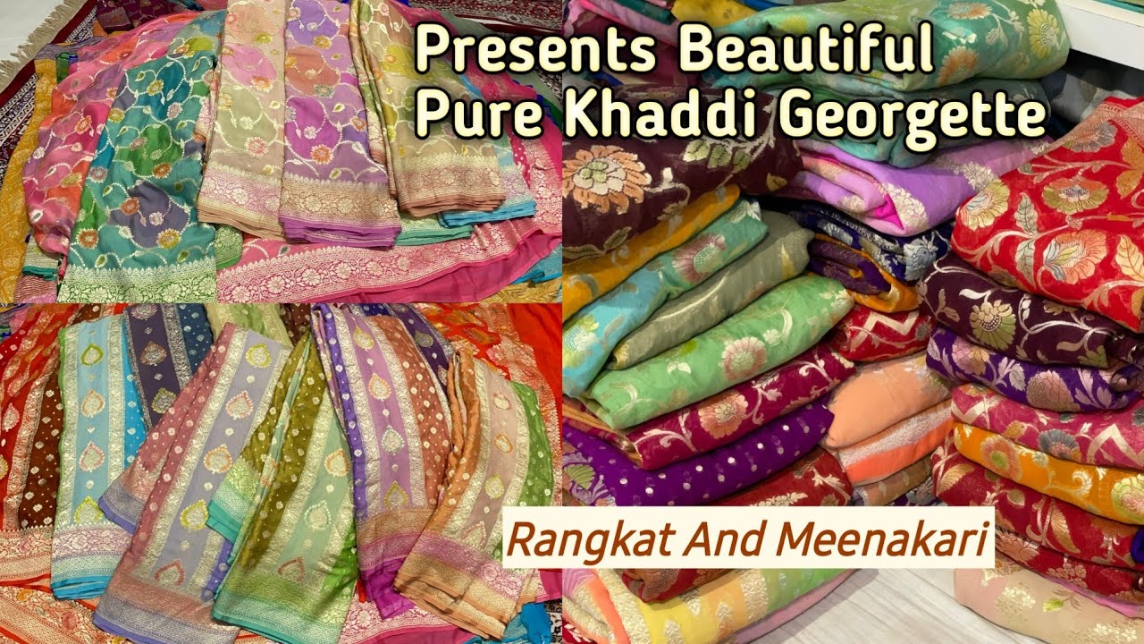 Presents Rangkat Meenakari Beautiful Original Pure Khaddi Georgette Sarees Water Silver Zari Weave 