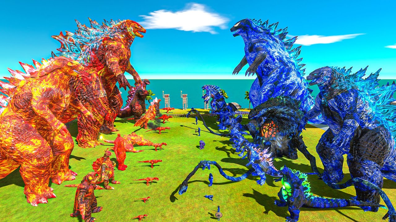 Team Blue Supercharged Godzilla VS Team Fire Supercharged Godzilla - Animal Revolt Battle Simulator
