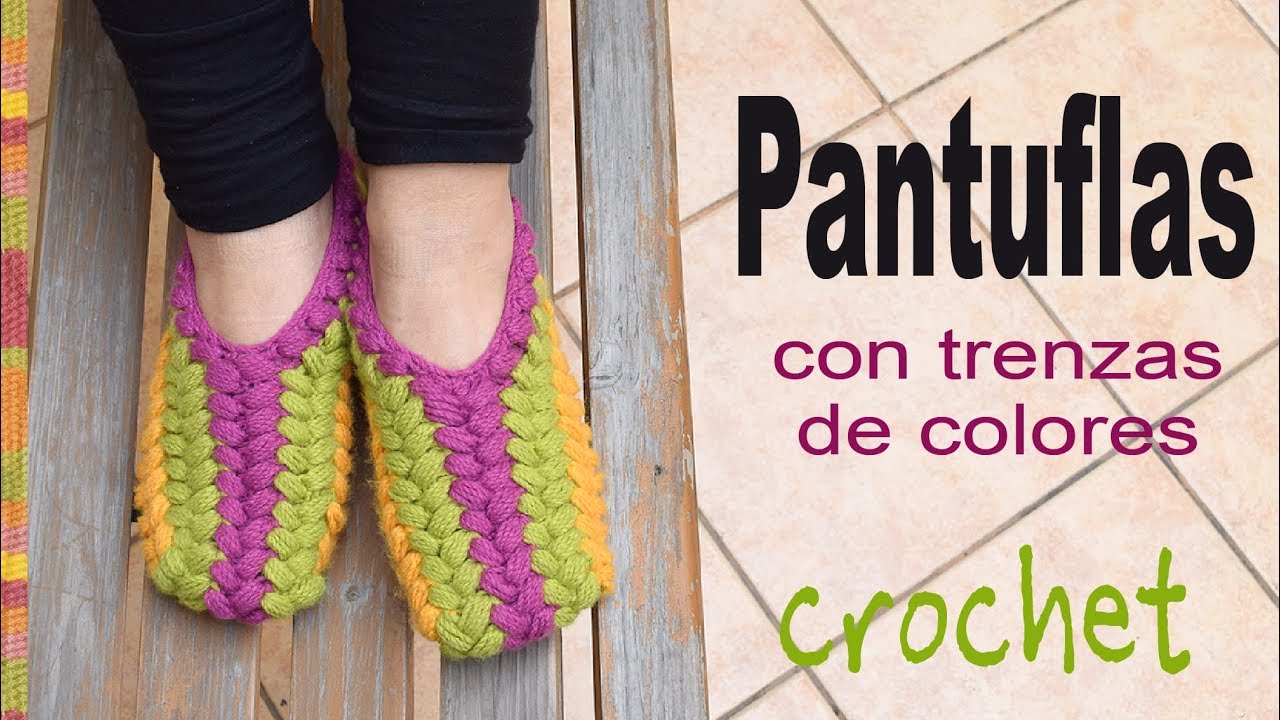 Pantuflas con trenzas puff de colores tejidas a crochet - Tejiendo Perú