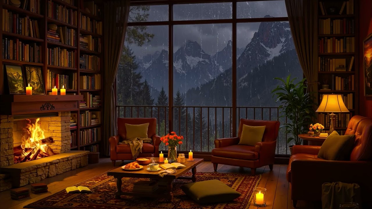 Soft Jazz in Cozy Reading Nook Ambience 🔥 Crackling Fireplace & Rain Sounds for Sleeping, Studying
