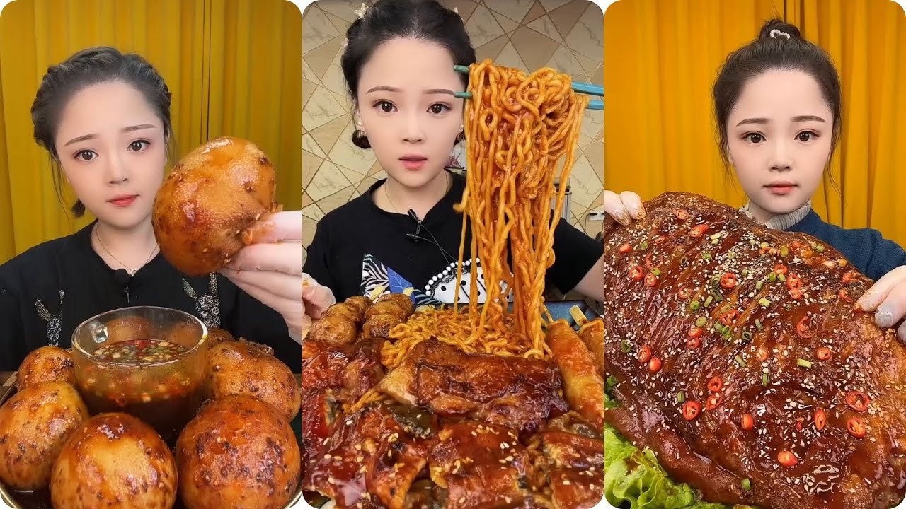Spicy Korean Noodles with Braised Pork Ribs Glazed Pork Belly Mayak Eggs | Xiao Yu Mukbang