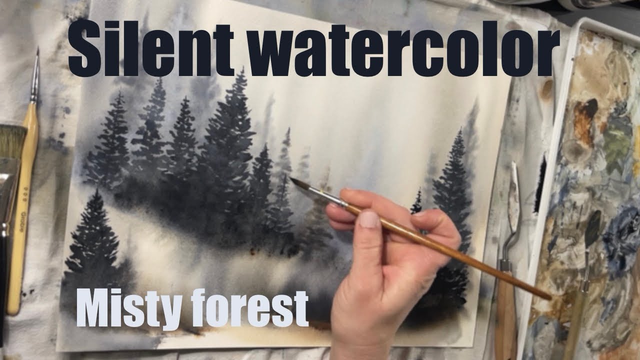 Silent Watercolor Forest Painting | Misty Pines | No Music