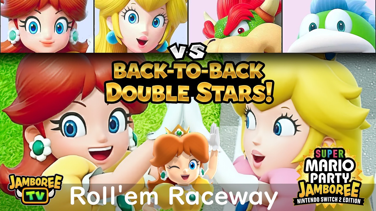 Super Mario Party Jamboree TV Daisy and Peach vs Bowser and Spike in Roll 'em Raceway