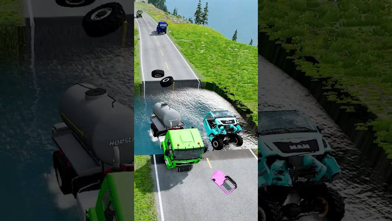 Tanker trucks crossing large water pit #121 | #doublespeedbumps  #carsvswaterpit #carsvsdeepwater