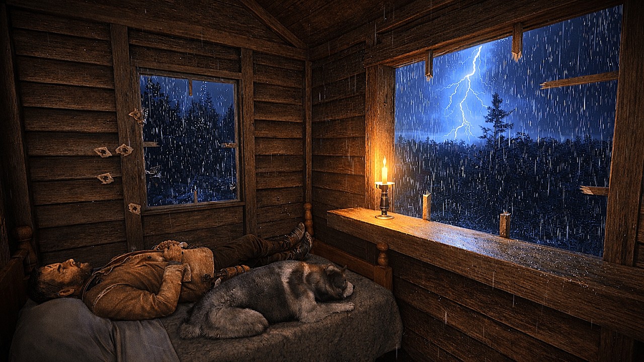 Cozy Wooden Cabin Thunderstorm Night With My Loyal Dog | Heavy Rain Sounds for Deep Sleep| RDR2 ASMR