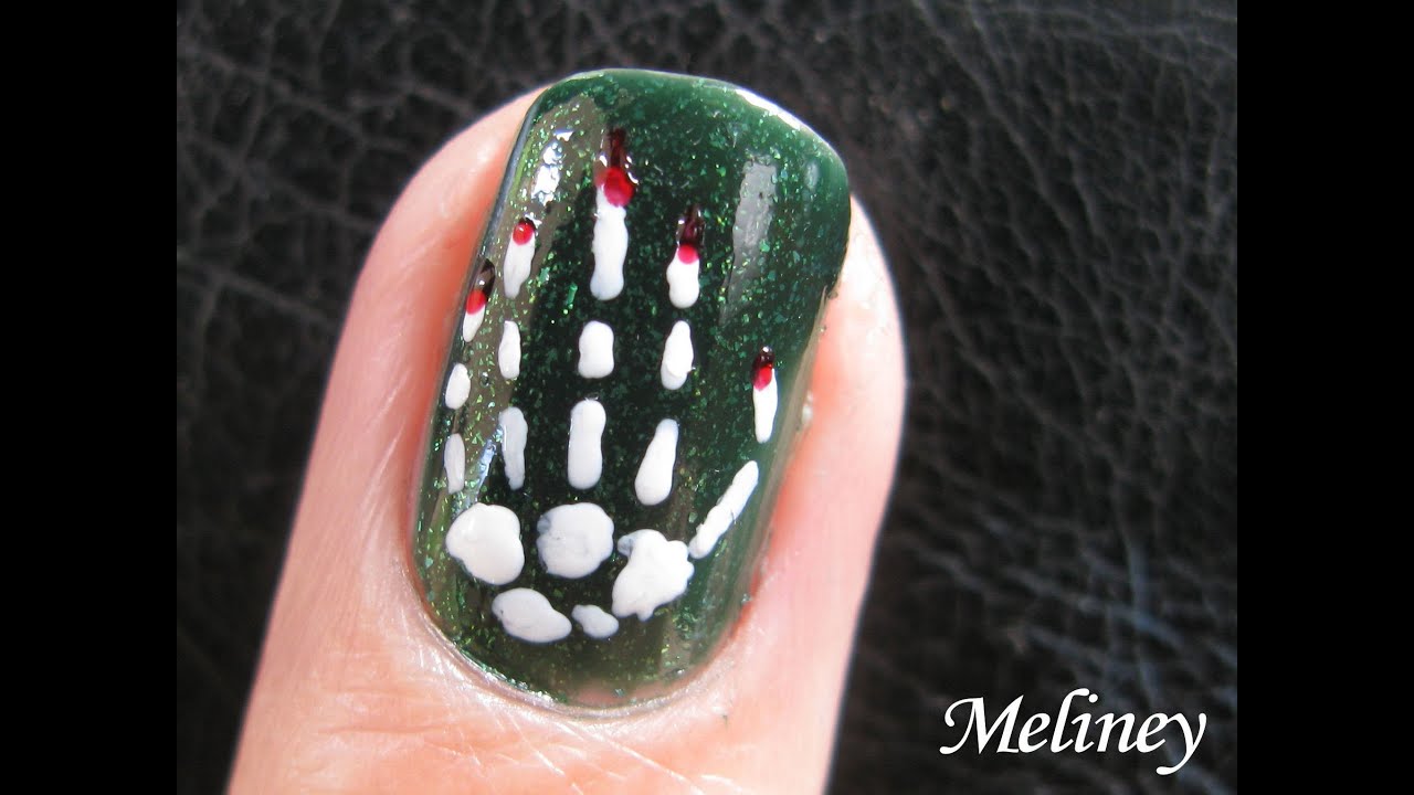 Halloween Nail Art Design - Skeleton Bones Bloody Hand Spooky Nail Art Tutorial for short nails