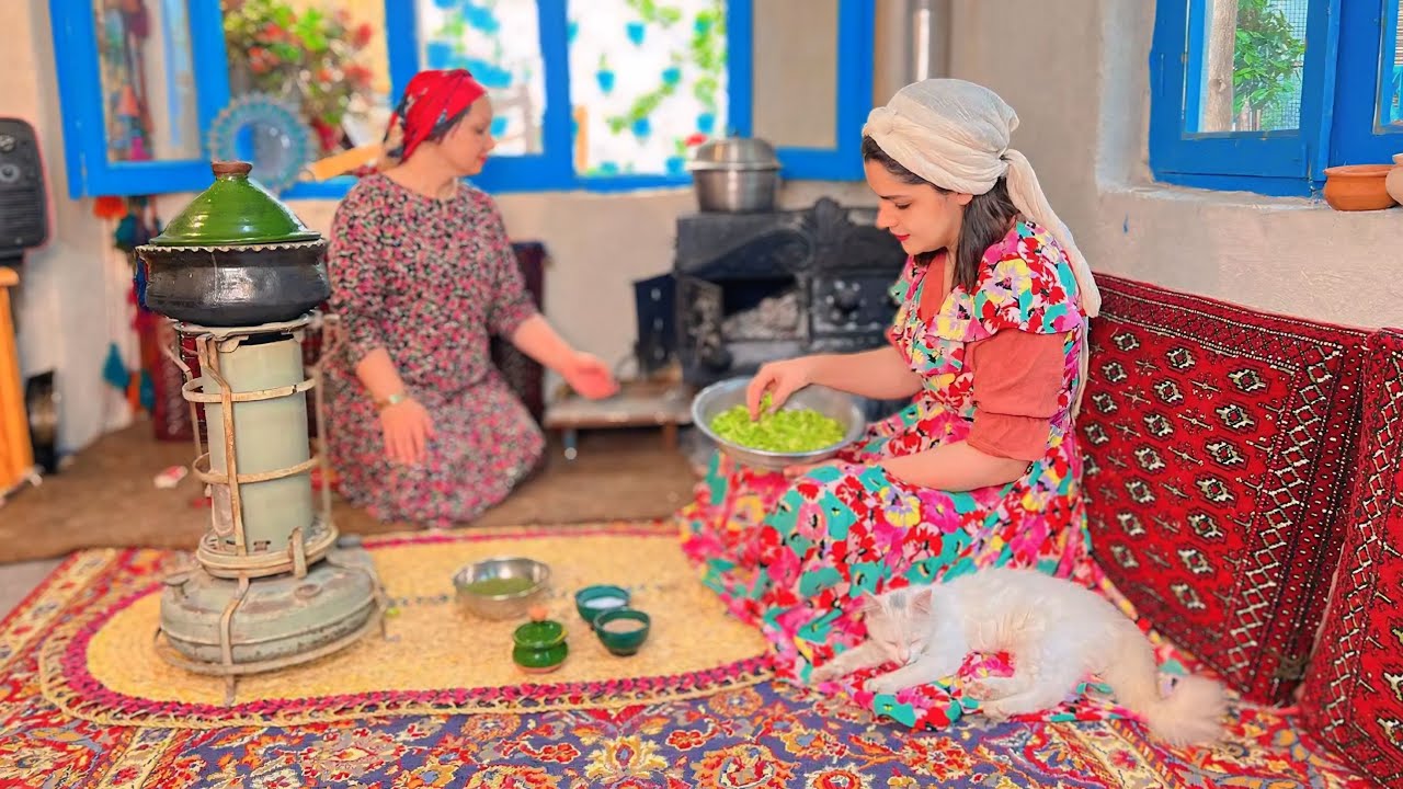 Cooking meat strudel with meat and vegetables/baking bread in the village