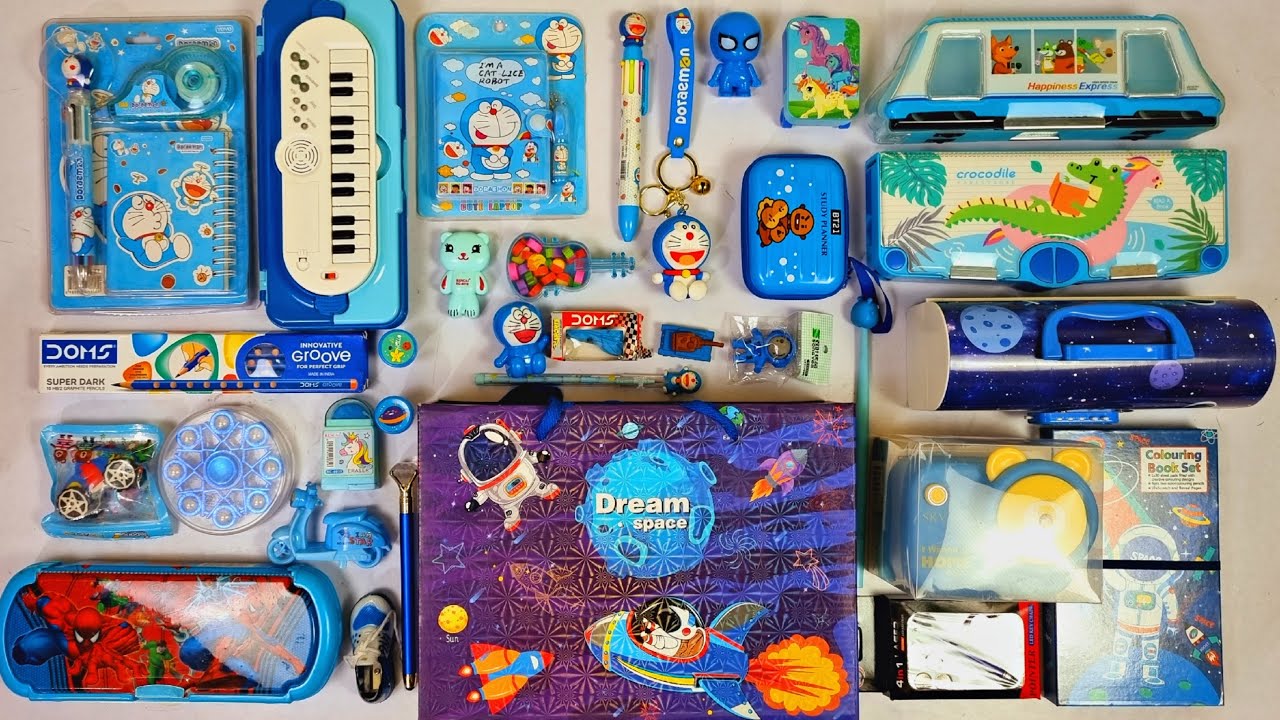 Ultimate blue stationery collection - piano pencil box, space stationery set, sharpners, pencil, pen