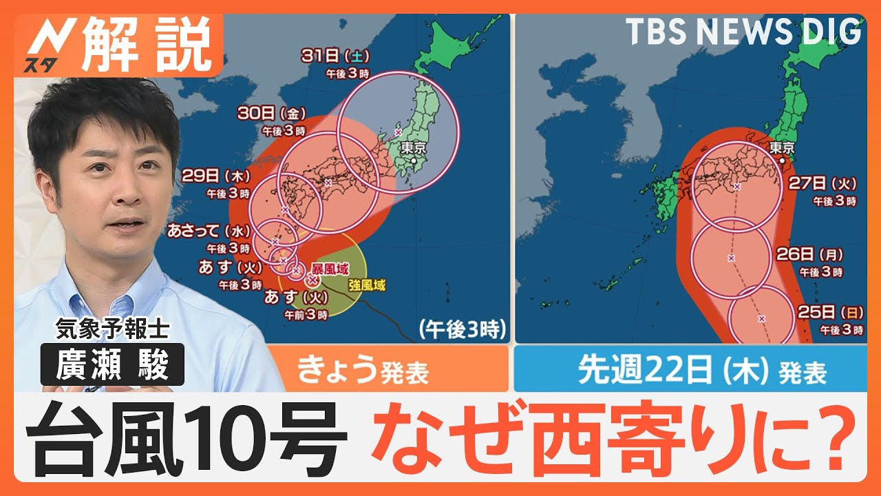 台風10号は「寒冷渦」の影響で西寄りに　動きが遅く台風から離れた地域も大雨には要注意【Nスタ解説】｜TBS&nbsp;NEWS&nbsp;DIG