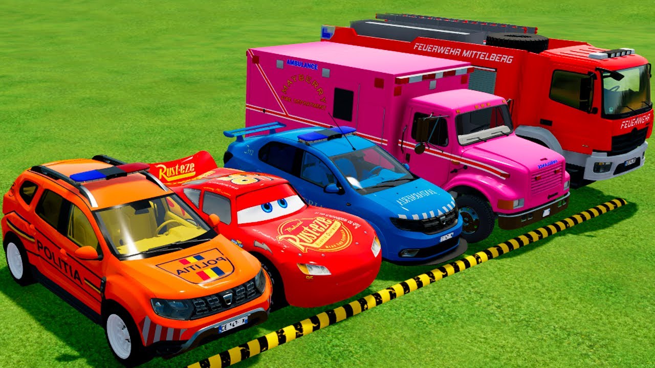 DACIA, MCQUEEN CAR سيارة ماكوين FORD POLICE CARS, AMBULANCE EMERGENCY TRANSPORTING WITH TRUCKS! #22