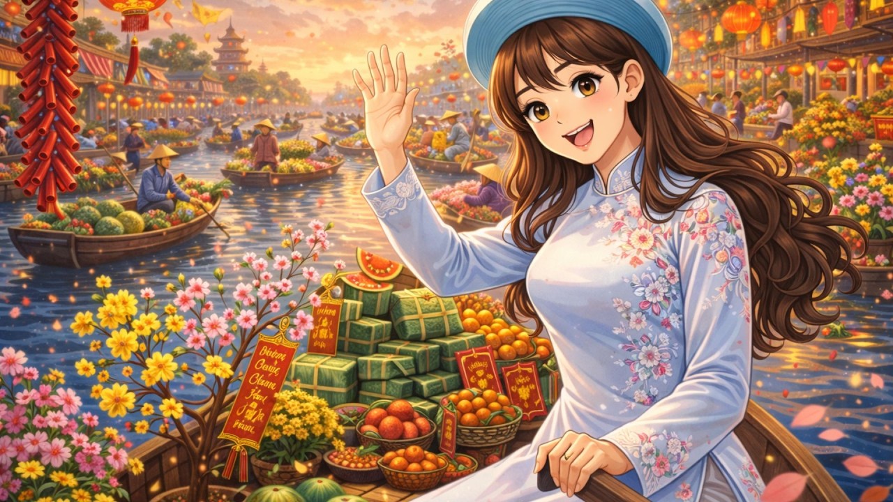 A Day at the Traditional Tết Floating Market | Peaceful River Moments in Ghibli Style