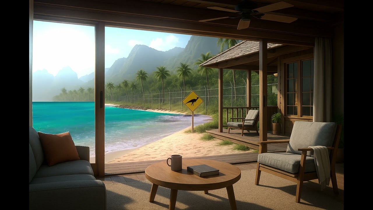 Jurassic Park Beach House &ndash; Coastal Ambience with Waves, Dinosaur Sounds & Fenced Safety [1 Hour]