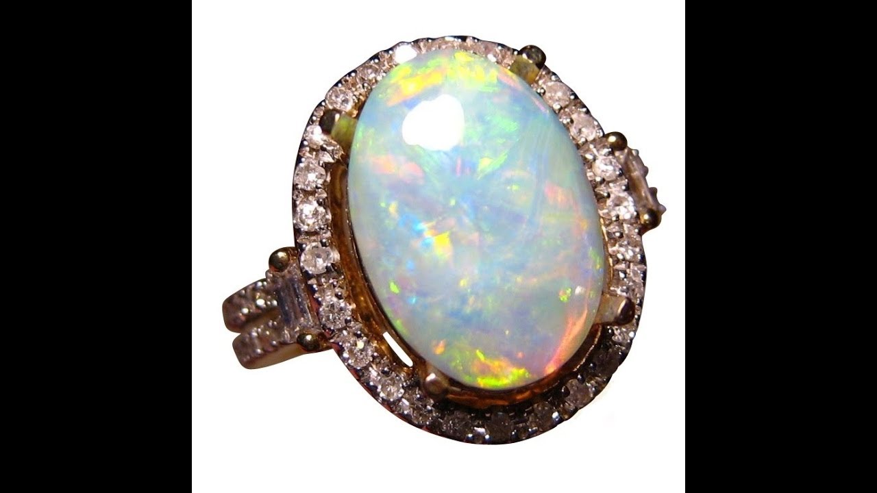 2.5 Carat Australian Crystal White Opal Ring with Diamonds in 14k Gold