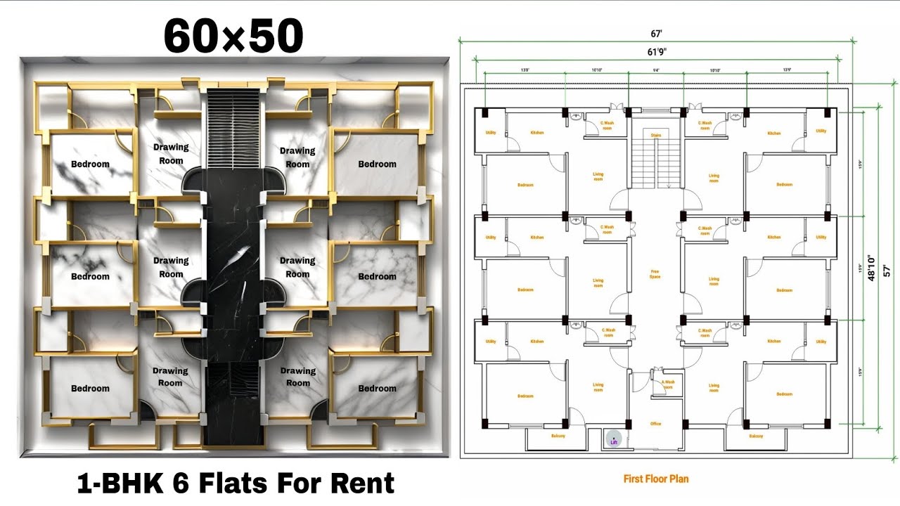 60&times;50 House Plan For Rent || 1-BHK 6 Flats || 50&times;60 House Plan || #floorplan
