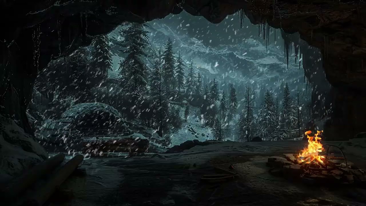 Deep Focus in a Snowy Cave with Gentle Fireplace Sounds and Calm Winter Wind Outside