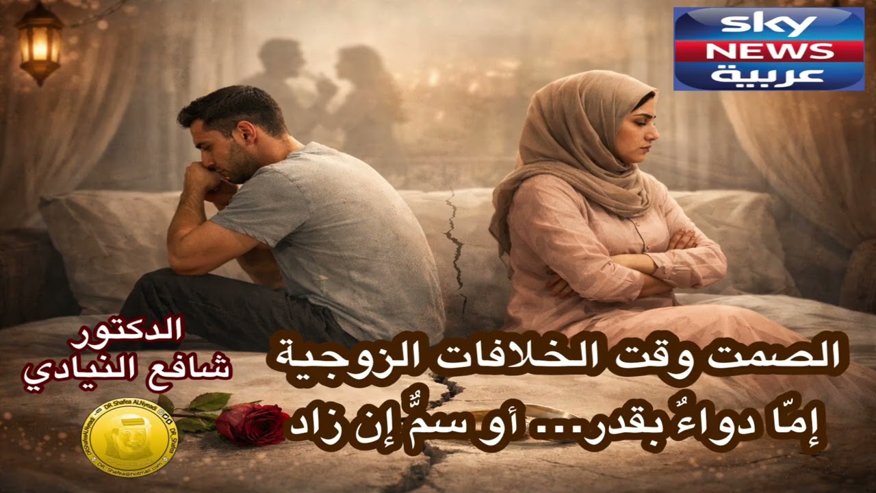 الصمت وقت الخلافات الزوجية إمّا دواءٌ بقدر،أو سمٌّ  إن زاد. د. شافع النيادي إذاعة سكاي نيوز SKYNEWS 
