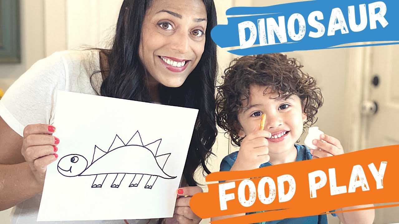 FOOD PLAY WITH DINOSAURS | Sensory Activity for Kids Making Stegosaurus with Pretzels & Marshmallows