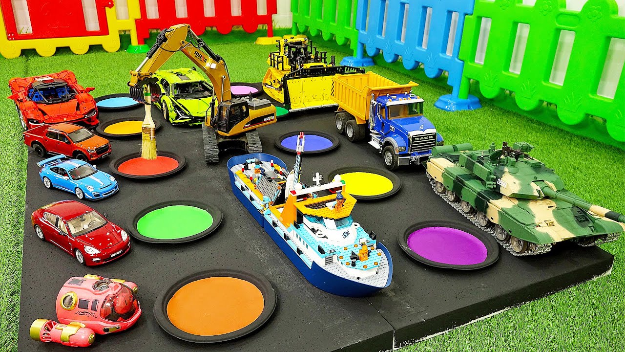 цветная игра с игрушками для машин экскаватор, танк, лодка Color Play with Car Toys