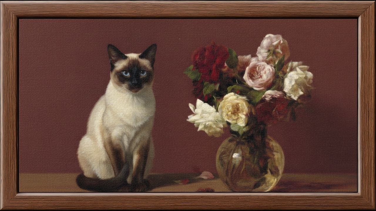Vintage Siamese Cat & Floral Still Life | 4K Classical Art for Samsung Frame TV | Illusion Fine Art