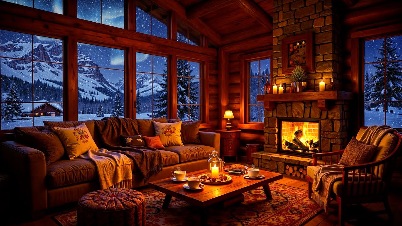 Cozy Winter Room Ambience with Soft Jazz Music, Snowfall & Fireplace Sounds for Stress Relief, Relax