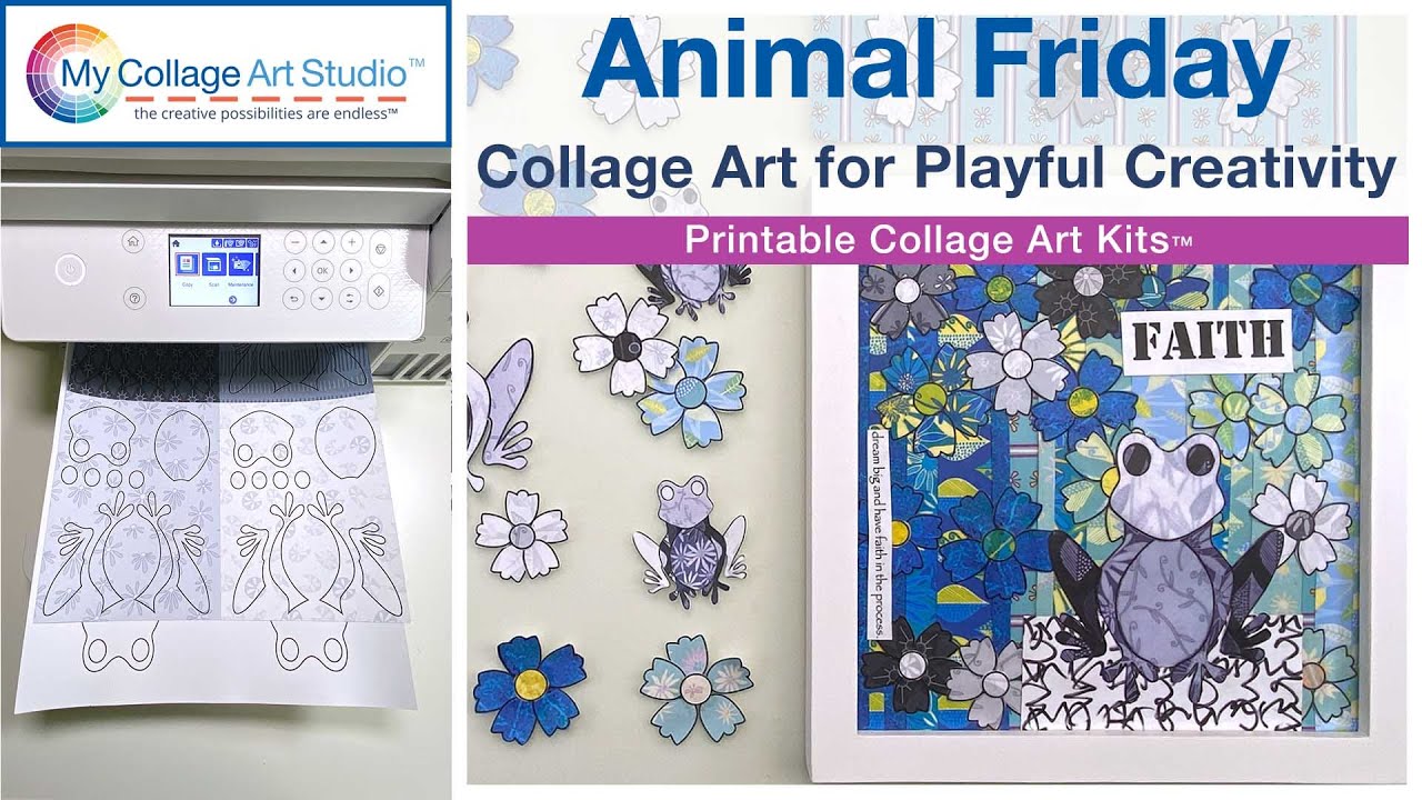 🦚 Frog Collage Art Kit with Blue & Grayscale Palette | Animal Friday