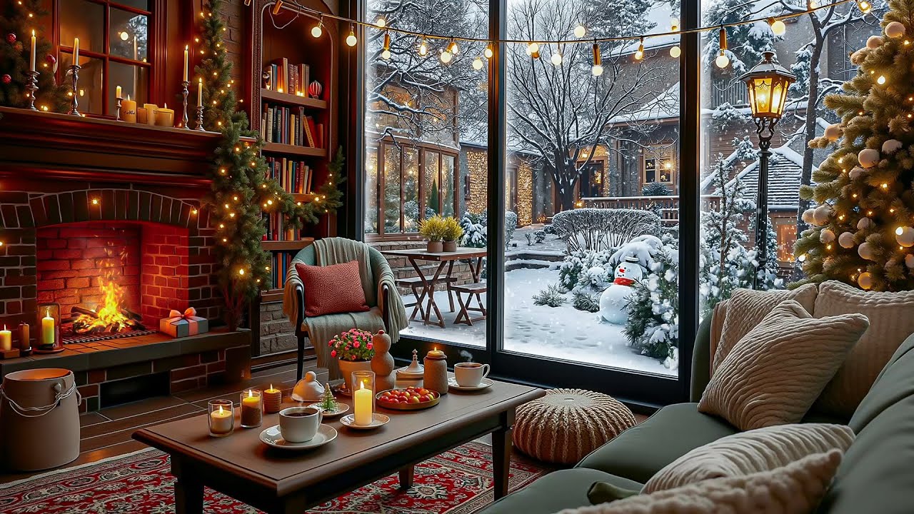 Relaxing Winter Coffeehouse ❄️☕ Piano Jazz & Warm Fireplace Café Ambience for Studying and Working