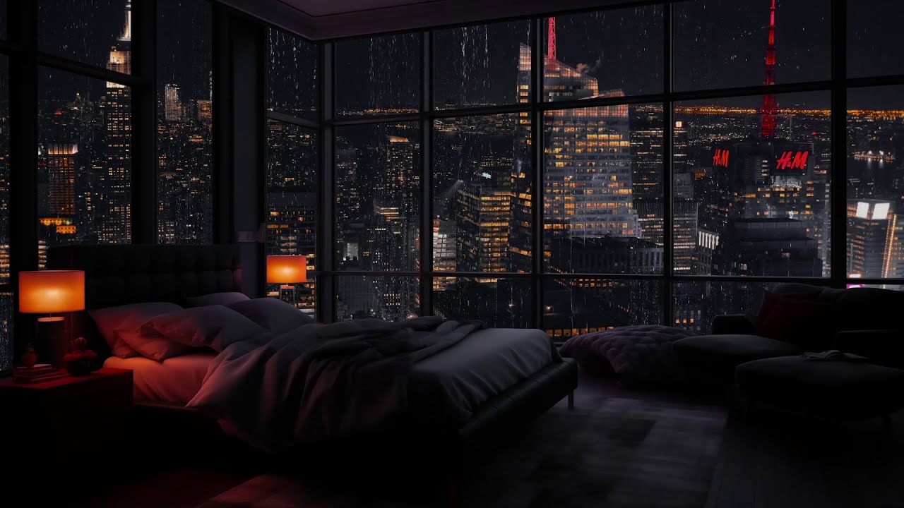 Rainy Night Outside The Apartment: Cozy Bedroom With Midnight City View 🌧️