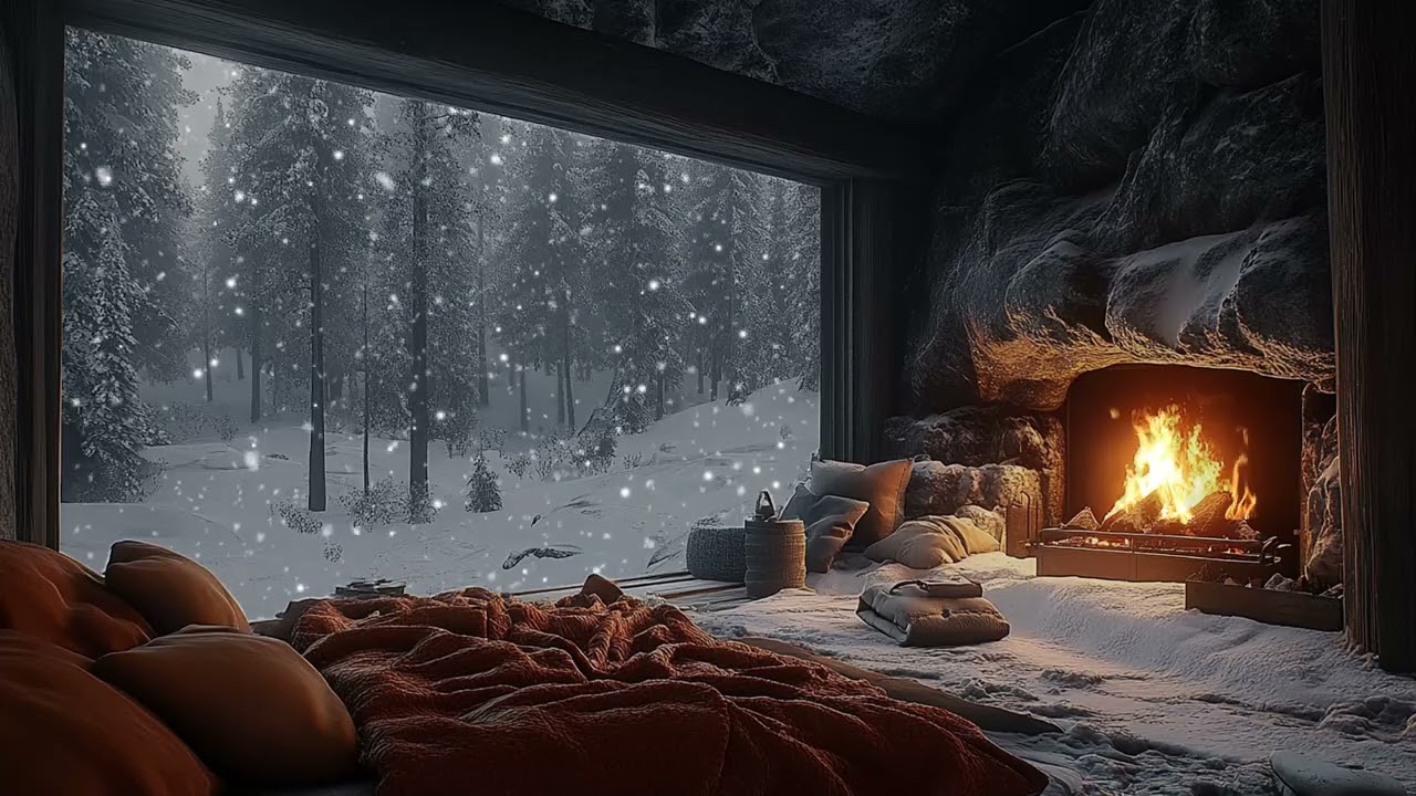 Cozy Cave Ambience with Snowfall and Fireplace Sounds | Relax Sleep Focus and Study
