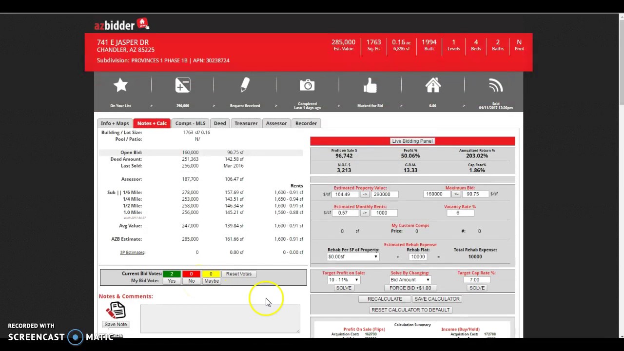 AZ Bidder - Property Detail Page - Notes/Calc Tab #7