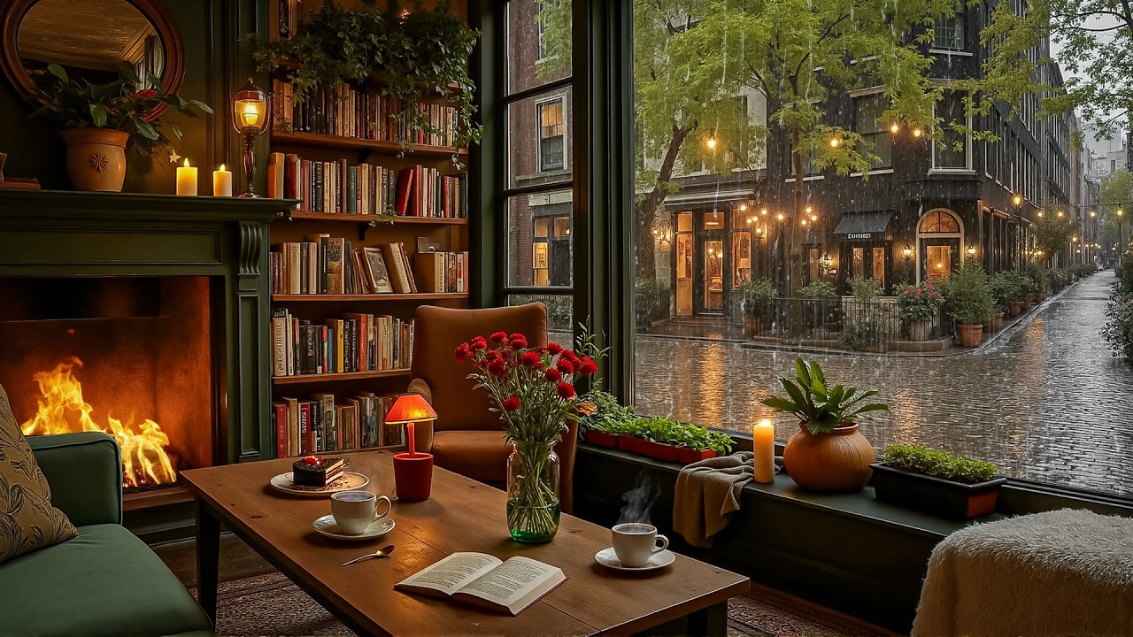 Coffee Shop Rain & Jazz Ambience 🌧️ Quiet Coffee Shop with Fireplace for Relaxation