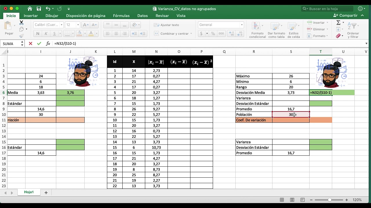 Varianza, Desviación Estándar y Coeficiente de Variación en datos no agrupados (EXCEL)