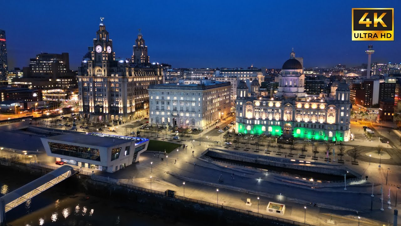 Liverpool, England Night-Time 4k Drone Footage