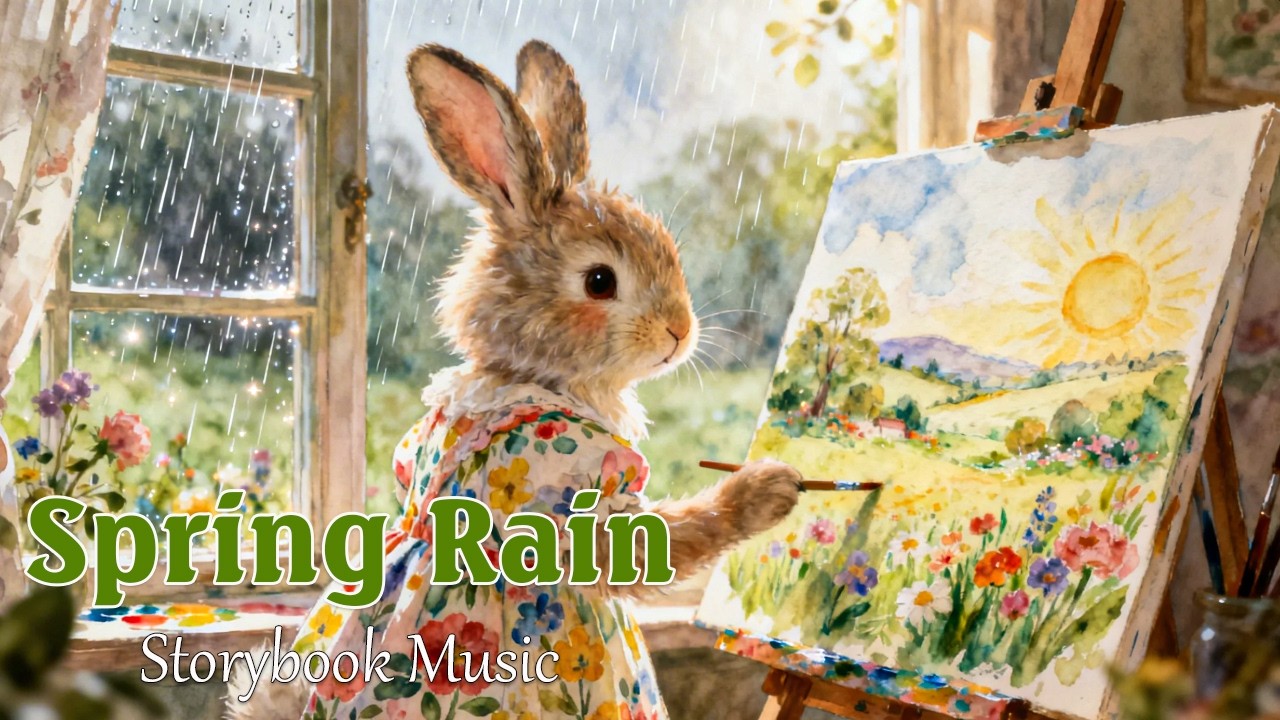 Spring Rain Storybook Music🌧️🐰Cozy Rabbit Painting by the Window 🎨 Relaxing Fairytale Ambience