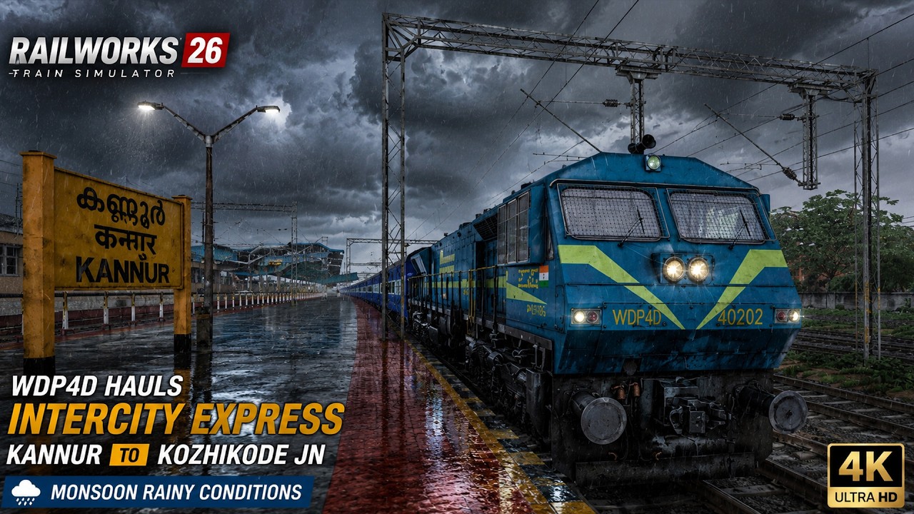 Railworks 26 | WDP4D Hauls Intercity Express 🚆 | Kannur to Kozhikode JN 🌧️ Monsoon Rain