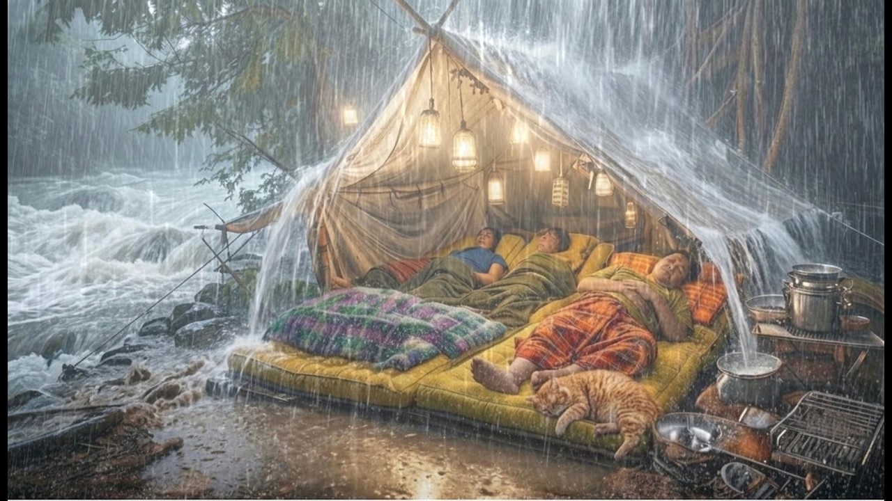 CAMPING IN HEAVY RAIN AND THUNDER // Struggling to build a fishing shelter, shrimp, fish.