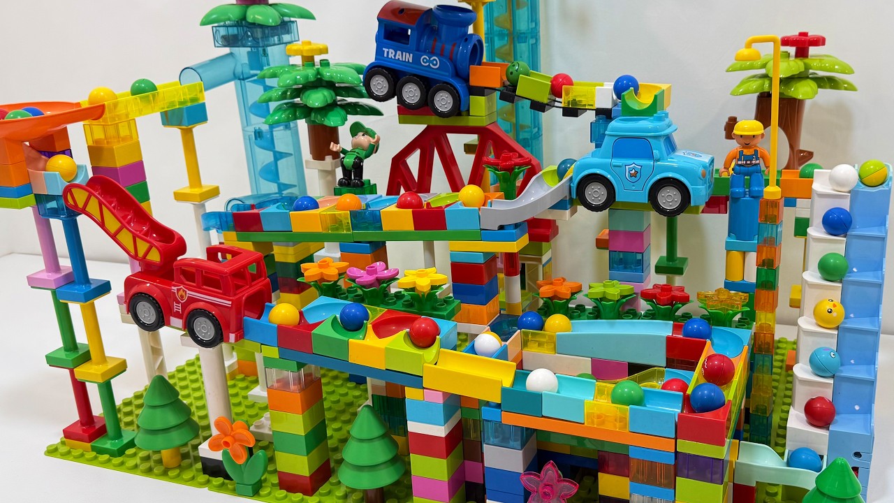 Train, Police Car & Fire Truck Marble Run Goes Out of Control