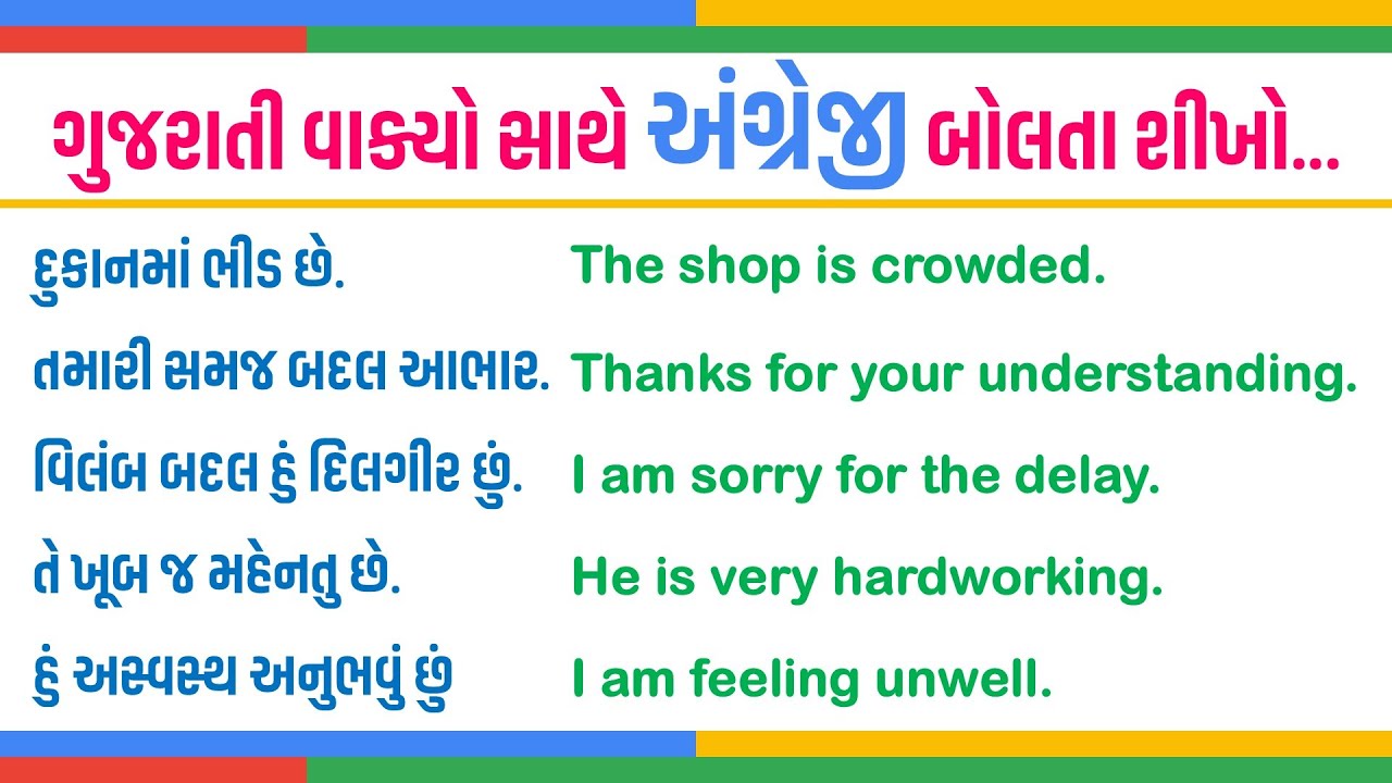 Easy to learn English speaking with Gujarati to English translated sentences