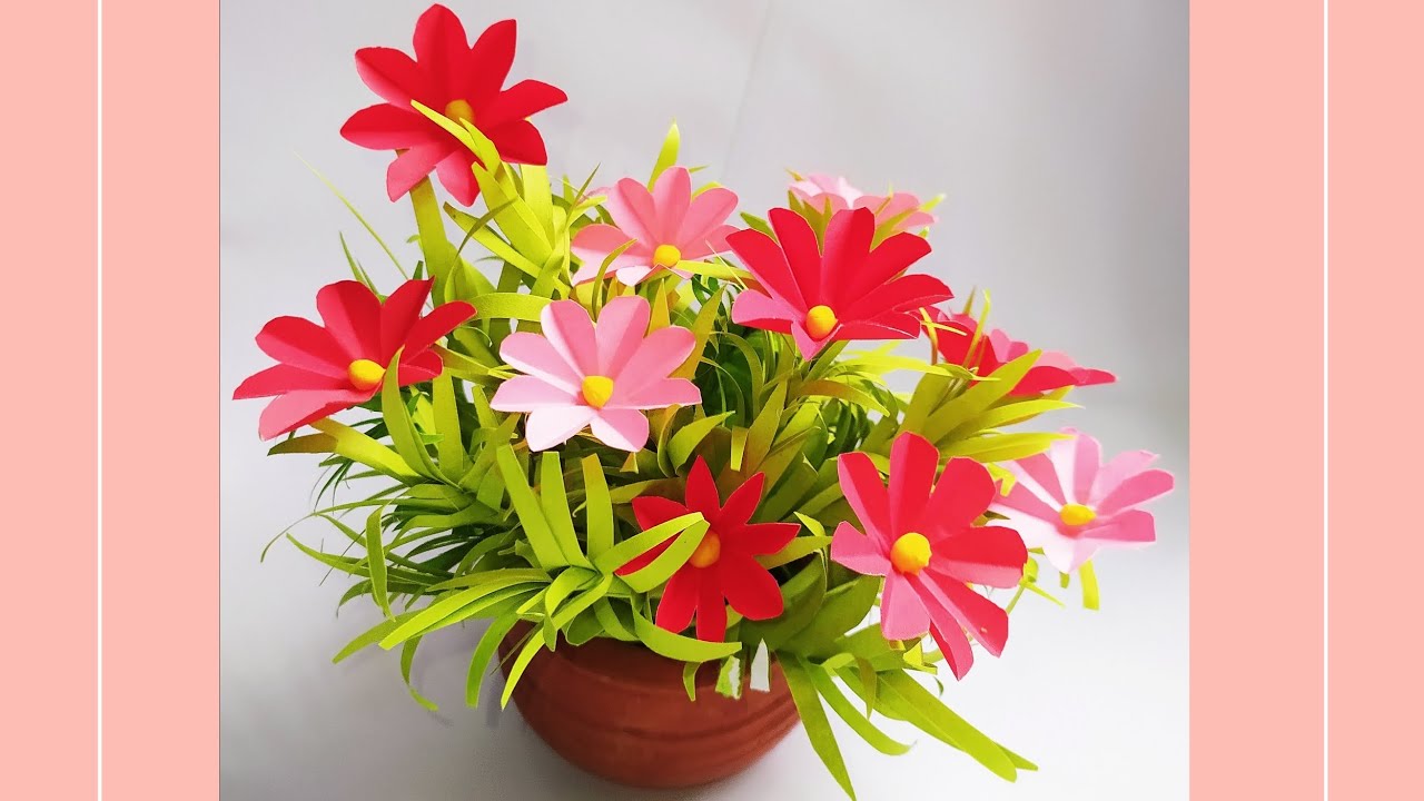 Red flowers pot || how to make paper flower || easy home decor idea | paper flower with grass | DIY 